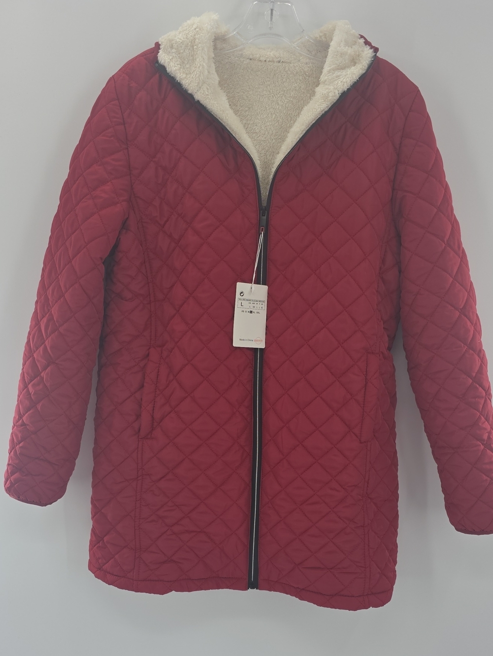 Quilted Red Hooded Puffer Coat with Sherpa Lining